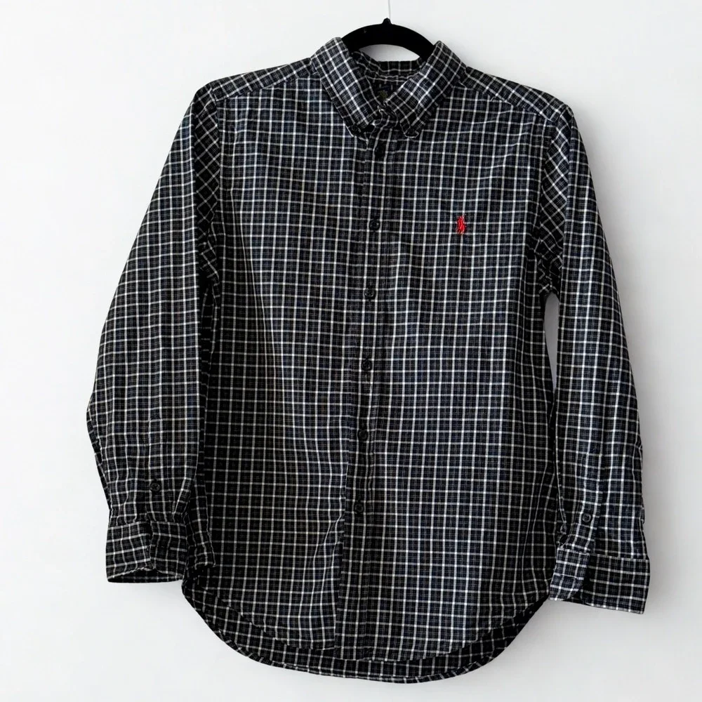 Ralph Lauren Boys Plaid Button Down Shirt Black White Size Large 14-16 L